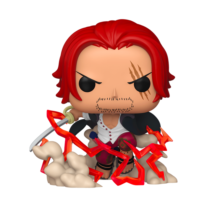 Funko POP! One Piece: Shanks (#2166) by Funko features a stylized vinyl collectible of Shanks with red hair, facial scars, and a sword, crouched amid clouds with dramatic red lightning effects.