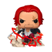 Funko POP! One Piece: Shanks (#2166) by Funko features a stylized vinyl collectible of Shanks with red hair, facial scars, and a sword, crouched amid clouds with dramatic red lightning effects.