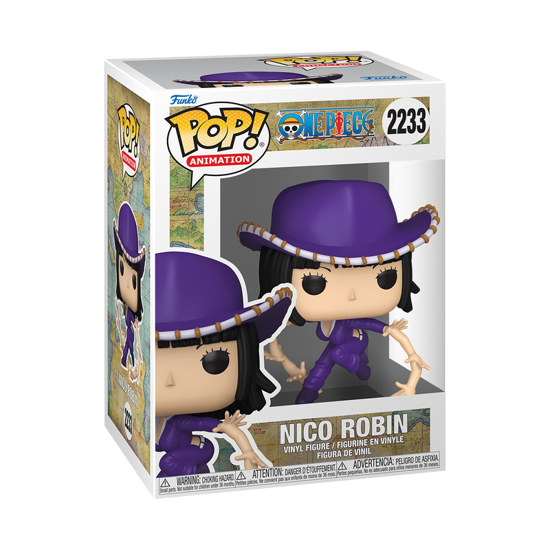 Funko POP! One Piece: Nico Robin (Hana Hana no Mi) vinyl figure by Funko, featuring Nico Robin in a purple outfit and hat, is displayed inside its branded #2233 box.