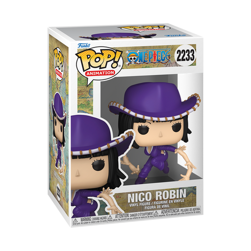 Funko POP! One Piece: Nico Robin (Hana Hana no Mi) vinyl figure by Funko, featuring Nico Robin in a purple outfit and hat, is displayed inside its branded #2233 box.