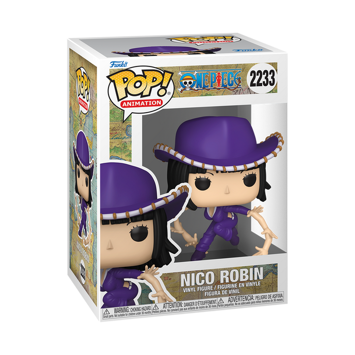 Funko POP! One Piece: Nico Robin (Hana Hana no Mi) vinyl figure by Funko, featuring Nico Robin in a purple outfit and hat, is displayed inside its branded #2233 box.
