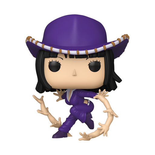 Funko POP! One Piece: Nico Robin (Hana Hana no Mi) - #2233 from Funko features a vinyl figure of Nico Robin, depicted with black hair, large black eyes, and a small nose. She is dressed in a purple outfit with a wide-brimmed hat, and has extra arms sprouting from her body in dynamic poses.
