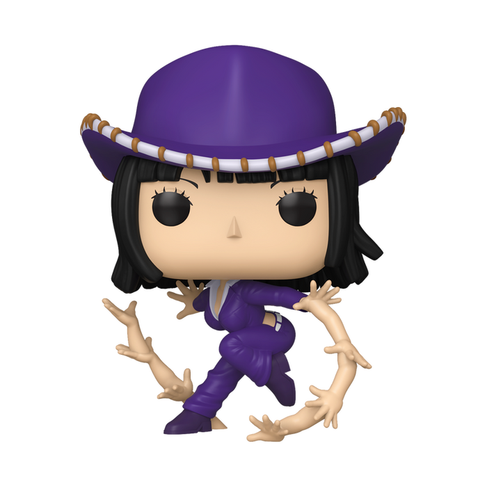 Funko POP! One Piece: Nico Robin (Hana Hana no Mi) - #2233 from Funko features a vinyl figure of Nico Robin, depicted with black hair, large black eyes, and a small nose. She is dressed in a purple outfit with a wide-brimmed hat, and has extra arms sprouting from her body in dynamic poses.