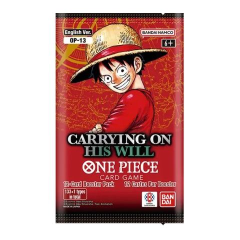 The One Piece Card Game: Carrying on His Will Booster Pack (OP-13) by Bandai features Luffy in a straw hat, smiling, with the text “Carrying on His Will.” This English version is suitable for ages 6+ and includes 12 cards.