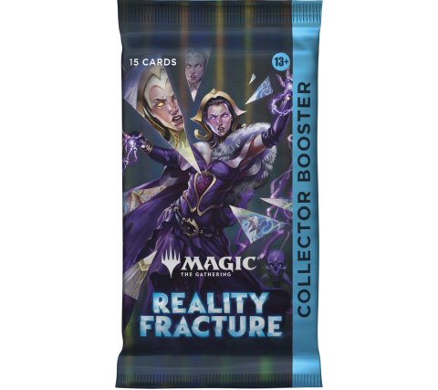 A Magic: The Gathering – Reality Fracture Collector Booster pack from the Wizards of the Coast Reality Fracture Collector Booster Display showcases striking fantasy character art with a shattered glass motif on the packaging. Intended for ages 13 and up, each pack includes 15 cards.