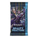 A Magic: The Gathering – Reality Fracture Collector Booster pack from the Wizards of the Coast Reality Fracture Collector Booster Display showcases striking fantasy character art with a shattered glass motif on the packaging. Intended for ages 13 and up, each pack includes 15 cards.