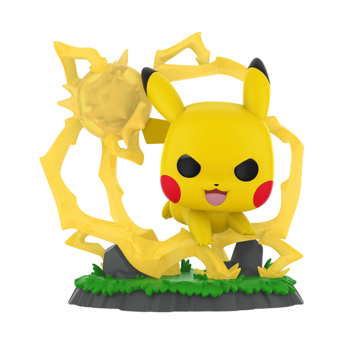 The Funko POP! Pokemon: Pikachu - #1127 figure by Funko features a stylized Pikachu with a fierce expression, surrounded by yellow lightning bolts and standing on a grassy, rocky base.