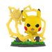 The Funko POP! Pokemon: Pikachu - #1127 figure by Funko features a stylized Pikachu with a fierce expression, surrounded by yellow lightning bolts and standing on a grassy, rocky base.