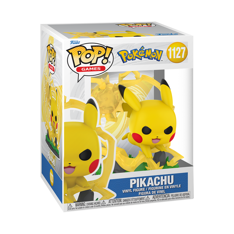 The Funko POP! Pokemon: Pikachu - #1127 figure by Funko features a stylized Pikachu with a fierce expression, surrounded by yellow lightning bolts and standing on a grassy, rocky base.