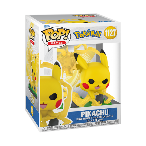 Funko POP! Pokemon: Pikachu - #1127 by Funko features Pikachu in a dynamic pose with yellow lightning effects, packaged inside a display box with prominent Pokémon branding.