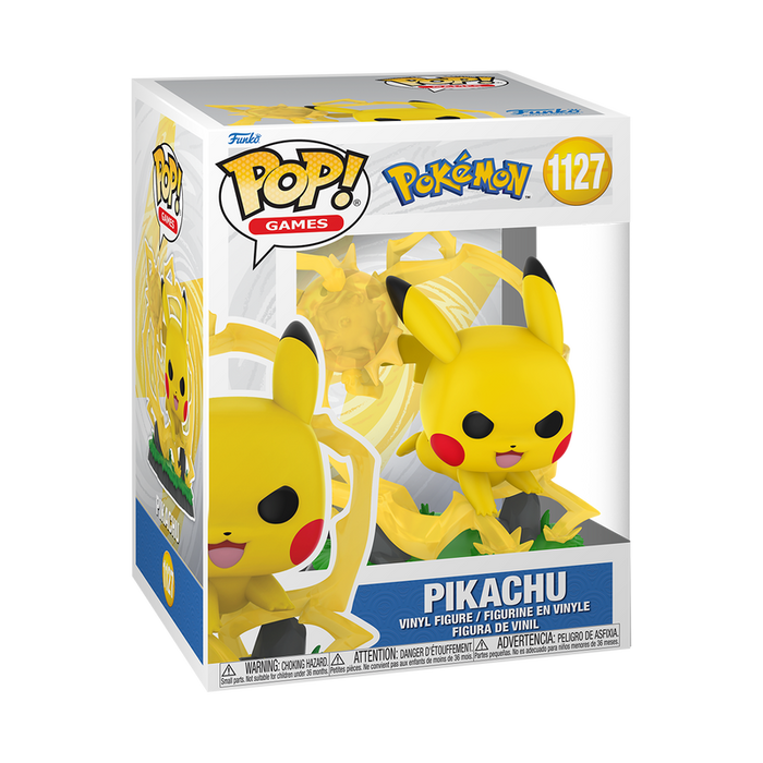 Funko POP! Pokemon: Pikachu - #1127 by Funko features Pikachu in a dynamic pose with yellow lightning effects, packaged inside a display box with prominent Pokémon branding.