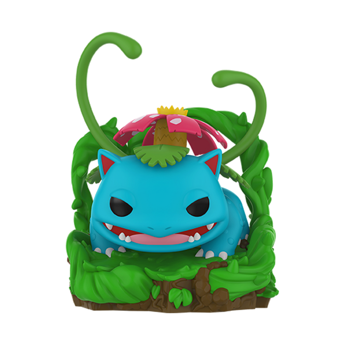 A Funko POP! Pokemon: Premium Venusaur (#1158) figure by Funko, Inc., featuring a blue, cat-like creature with a pink flower and green vines on its back, surrounded by green leaves and brown dirt, in a stylized toy form.