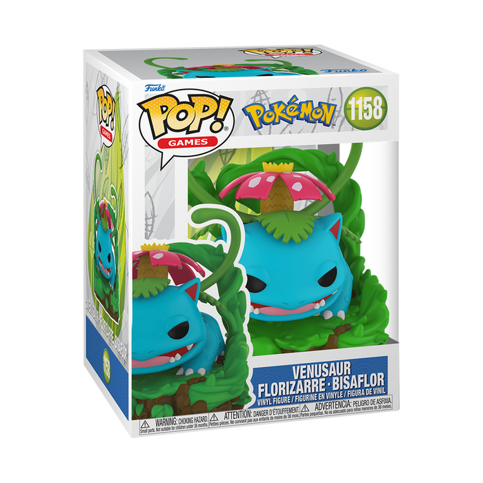 Funko, Inc. POP! Pokemon: Premium Venusaur (#1158) figure in its packaging. Venusaur appears blue-green with a pink flower and large leaves, showcased in a clear-fronted box with branding and character details.