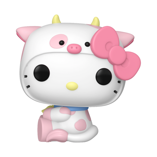 The Funko POP! Sanrio: Hello Kitty Cow Cosplay (#136) by Funko features Hello Kitty dressed in a white and pink cow costume with yellow horns, a blue collar, and a large pink bow on her head.