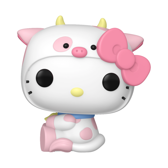 The Funko POP! Sanrio: Hello Kitty Cow Cosplay (#136) by Funko features Hello Kitty dressed in a white and pink cow costume with yellow horns, a blue collar, and a large pink bow on her head.