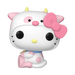 The Funko POP! Sanrio: Hello Kitty Cow Cosplay (#136) by Funko features Hello Kitty dressed in a white and pink cow costume with yellow horns, a blue collar, and a large pink bow on her head.