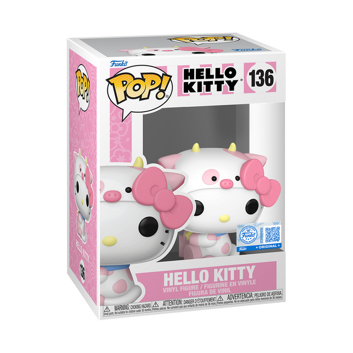 Funko POP! Sanrio: Hello Kitty Cow Cosplay (#136) by Funko features Hello Kitty in a pink and white cow costume, packaged in a pink window box decorated with Hello Kitty and cow-themed graphics.