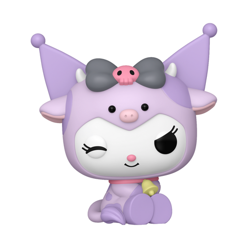 The Funko POP! Sanrio: Kuromi Cow Cosplay (#138) by Funko features the beloved Sanrio character Kuromi in an adorable cow-themed outfit, highlighted with purple and white accents, a large bow, a playful winking expression, and posed sitting down.