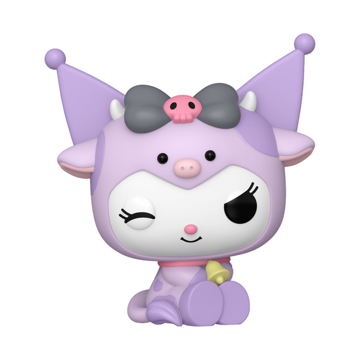 The Funko POP! Sanrio: Kuromi Cow Cosplay (#138) by Funko features the beloved Sanrio character Kuromi in an adorable cow-themed outfit, highlighted with purple and white accents, a large bow, a playful winking expression, and posed sitting down.