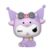 The Funko POP! Sanrio: Kuromi Cow Cosplay (#138) by Funko features the beloved Sanrio character Kuromi in an adorable cow-themed outfit, highlighted with purple and white accents, a large bow, a playful winking expression, and posed sitting down.