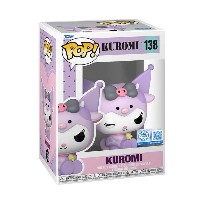 Funko POP! Sanrio: Kuromi Cow Cosplay (#138) figure in box, featuring Kuromi dressed in a cow-themed outfit with her signature mischievous expression and a skull on her hat. Box displays the Funko branding and product name.
