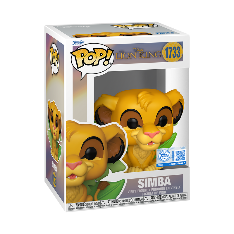 A Funko POP! Disney: Simba - #1733 vinyl figure by Funko features a young lion with large eyes, tan fur, and big ears sitting in front of green leaves, capturing the iconic cartoon look.