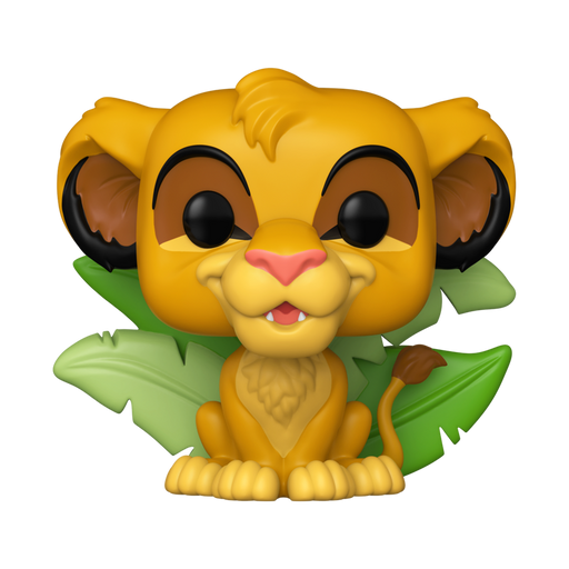A Funko POP! Disney: Simba - #1733 vinyl figure by Funko features a young lion with large eyes, tan fur, and big ears sitting in front of green leaves, capturing the iconic cartoon look.