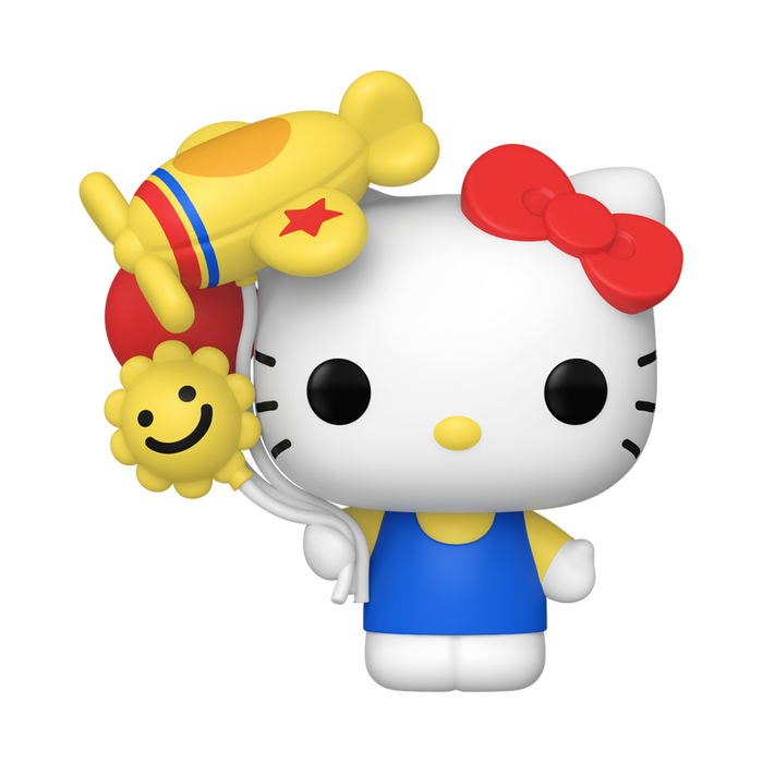 A Funko POP! Sanrio: Hello Kitty with Airplane Balloon (#144) figure by Funko, featuring Hello Kitty in a blue dress and red bow, holding three balloons shaped like a yellow airplane, a red balloon, and a smiling sun.