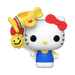 A Funko POP! Sanrio: Hello Kitty with Airplane Balloon (#144) figure by Funko, featuring Hello Kitty in a blue dress and red bow, holding three balloons shaped like a yellow airplane, a red balloon, and a smiling sun.