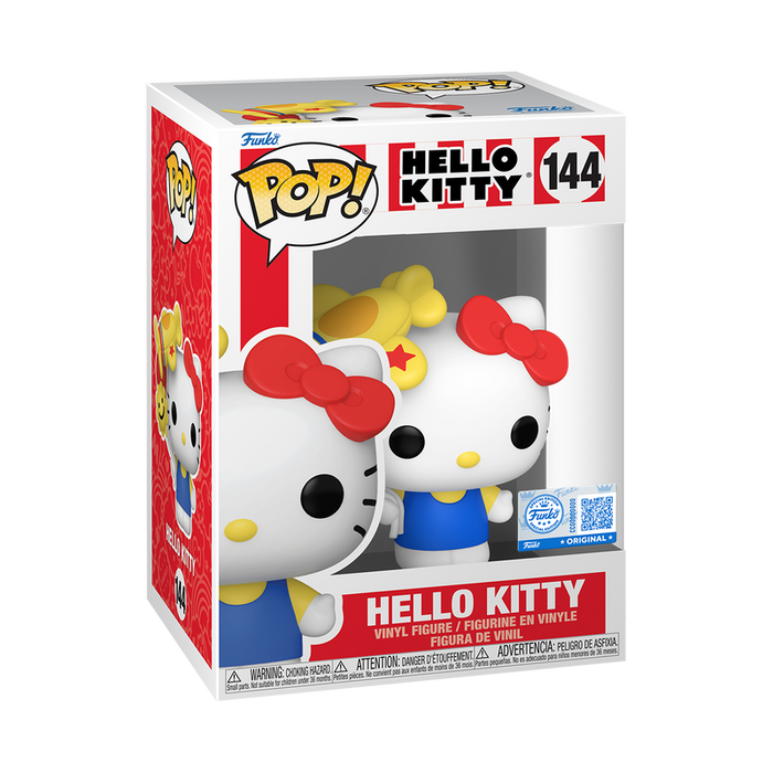 Funko POP! Sanrio: Hello Kitty with Airplane Balloon vinyl figure (#144) by Funko, featuring Hello Kitty in a blue outfit and red bow, displayed inside a red and white box with HELLO KITTY branding and images.
