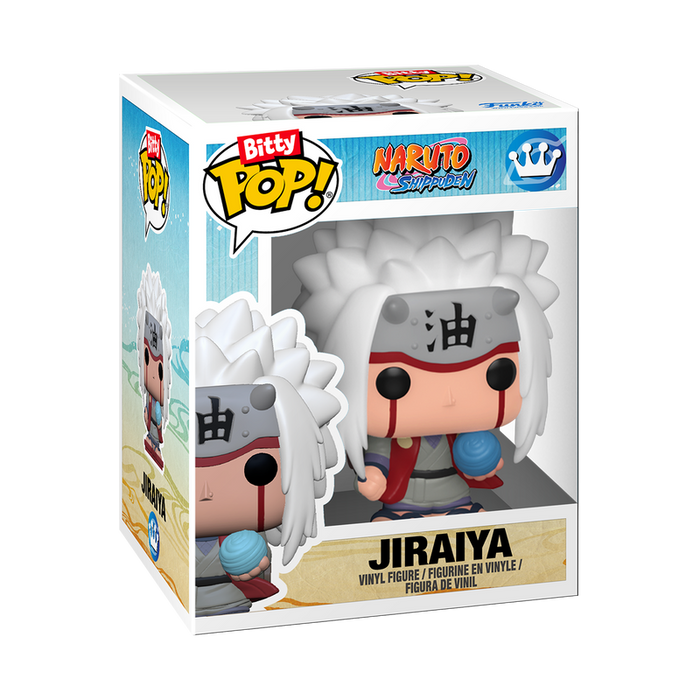 A Funko Bitty Pop! Naruto & Jiraiya 2-Pack vinyl figure set is displayed inside its packaging, featuring cartoon art and colorful branding on the box.