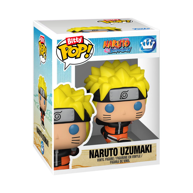 A boxed Funko Bitty Pop! Naruto & Jiraiya 2-Pack features stylized vinyl figures from Naruto Shippuden, including Naruto Uzumaki with yellow hair, headband, and orange outfit, all displayed in collectible packaging.
