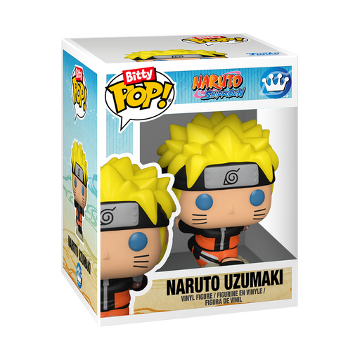 A boxed Funko Bitty Pop! Naruto & Jiraiya 2-Pack features stylized vinyl figures from Naruto Shippuden, including Naruto Uzumaki with yellow hair, headband, and orange outfit, all displayed in collectible packaging.
