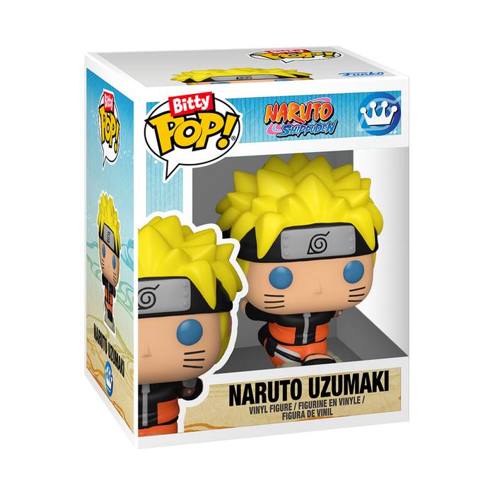 A boxed Funko Bitty Pop! Naruto & Jiraiya 2-Pack features stylized vinyl figures from Naruto Shippuden, including Naruto Uzumaki with yellow hair, headband, and orange outfit, all displayed in collectible packaging.