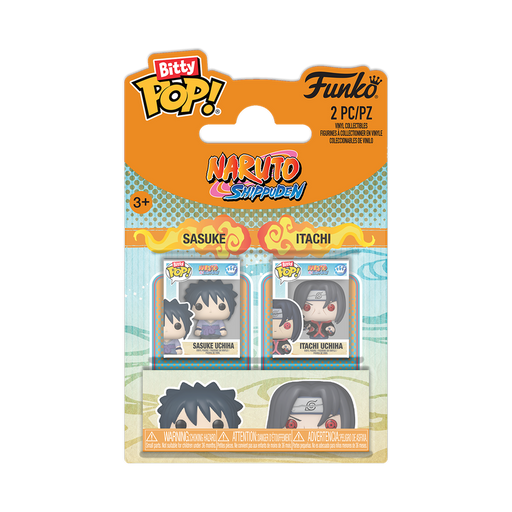 The Funko Bitty Pop! Sasuke & Itachi 2-pak includes miniature vinyl figures of Sasuke Uchiha and Itachi Uchiha from Naruto Shippuden, packaged on a blister card with vibrant branding and character artwork.