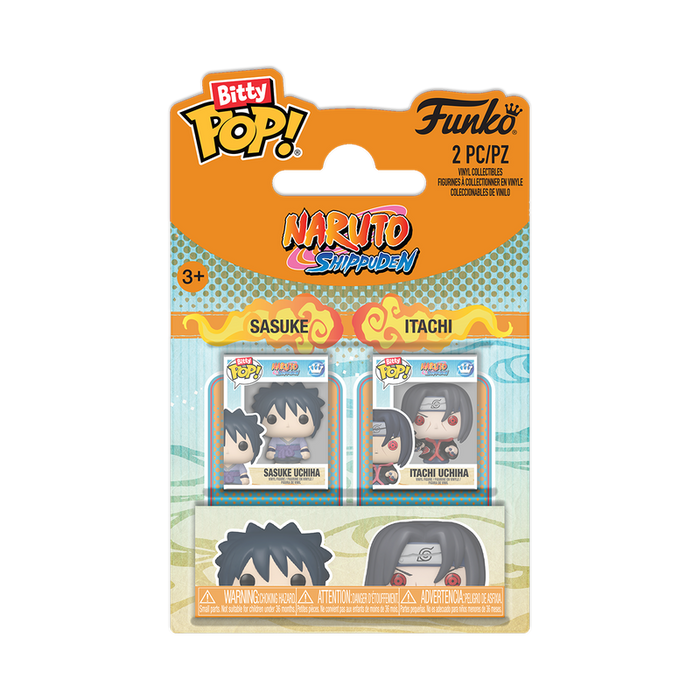 The Funko Bitty Pop! Sasuke & Itachi 2-pak includes miniature vinyl figures of Sasuke Uchiha and Itachi Uchiha from Naruto Shippuden, packaged on a blister card with vibrant branding and character artwork.