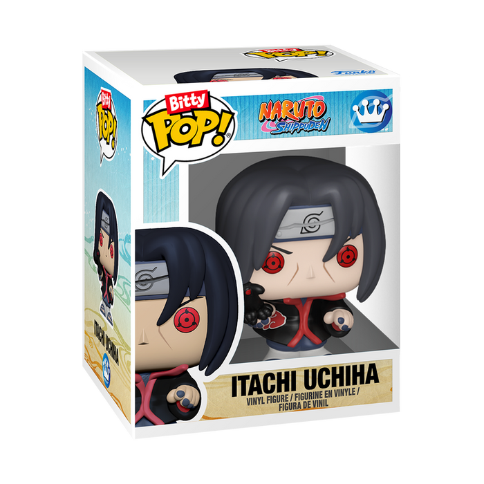 Boxed Bitty Pop! Sasuke & Itachi 2-pak vinyl figures from Funko, featuring Itachi Uchiha with black hair, red eyes, and his iconic outfit, all visible through a clear plastic window on the front of the box.