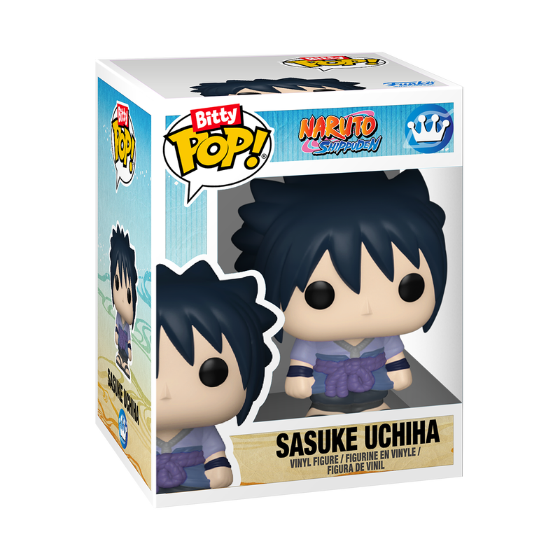 A Funko Bitty Pop! Sasuke & Itachi 2-pak from Naruto Shippuden is displayed in its box, featuring colorful branding, character art, and a clear window showcasing the vinyl figures.