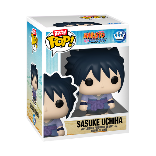 A Funko Bitty Pop! Sasuke & Itachi 2-pak from Naruto Shippuden is displayed in its box, featuring colorful branding, character art, and a clear window showcasing the vinyl figures.