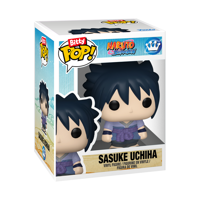 A Funko Bitty Pop! Sasuke & Itachi 2-pak from Naruto Shippuden is displayed in its box, featuring colorful branding, character art, and a clear window showcasing the vinyl figures.