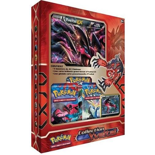 The Pokémon TCG: Yveltal Collection Box by The Pokémon Company features a large Yveltal-EX card, multiple booster packs, a regular Yveltal card, and colorful packaging adorned with striking Yveltal artwork.