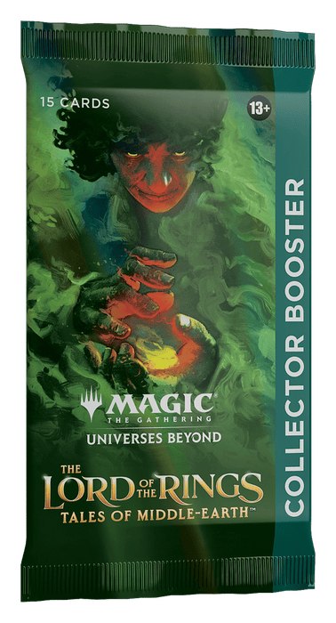 Experience the Magic: The Gathering - The Lord of the Rings: Tales of Middle-Earth™ – Collector Booster Box from Wizards of the Coast. This Collector Booster Box features packs adorned with a green, mystical figure holding a glowing object. Each pack contains 15 cards, making it perfect for fans and collectors aged 13 and up. Official product branding is prominently displayed on the box.
