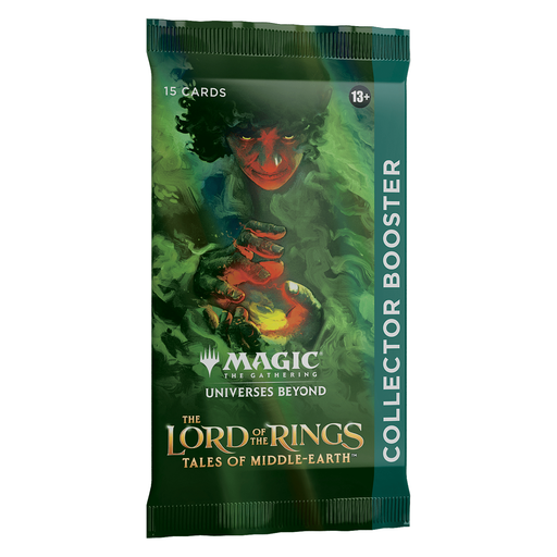Experience the Magic: The Gathering - The Lord of the Rings: Tales of Middle-Earth™ – Collector Booster Box from Wizards of the Coast. This Collector Booster Box features packs adorned with a green, mystical figure holding a glowing object. Each pack contains 15 cards, making it perfect for fans and collectors aged 13 and up. Official product branding is prominently displayed on the box.