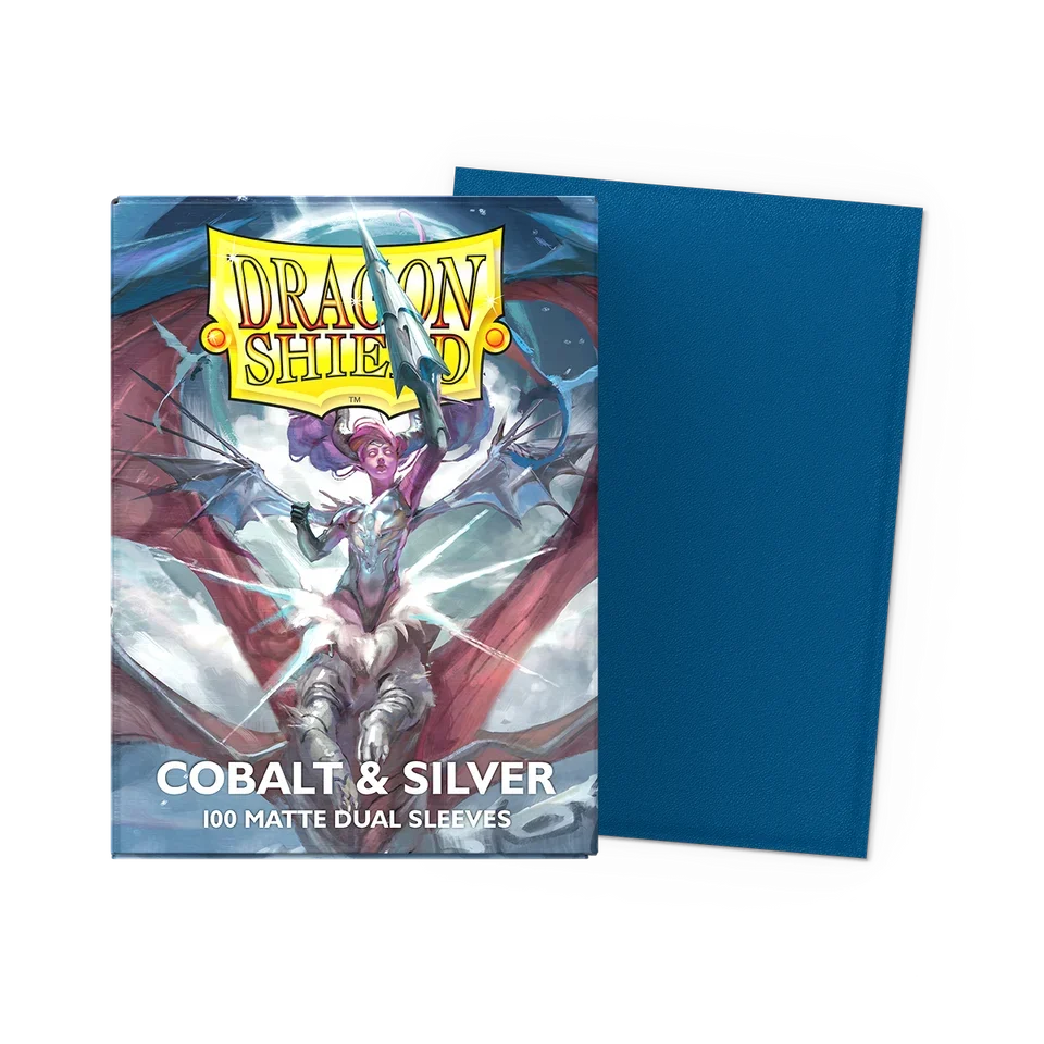 Dragon Shield: Matte Dual Sleeves - 100 stk. pack featuring an illustration of a winged humanoid figure, with one loose sleeve displaying the plain blue back.