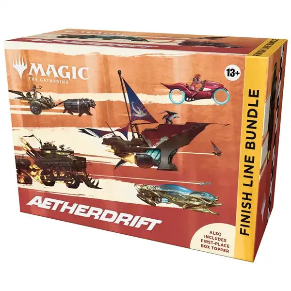 Wizards of the Coast’s Magic the Gathering: Aetherdrift Finish Line Bundle features a selection of fantasy vehicles in motion, is recommended for ages 13 and up, and includes a first-place box topper.