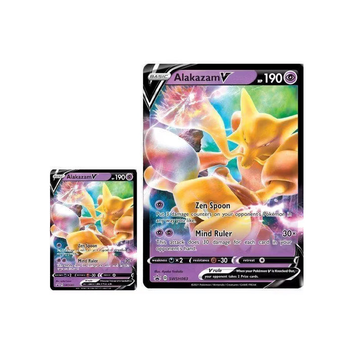 From The Pokémon Company, the Pokémon TCG: Alakazam V Box includes both a regular and oversized Alakazam V card, each displaying psychic-type artwork with Alakazam encircled by vibrant orbs. The card features 190 HP and the attacks Zen Spoon and Mind Ruler.