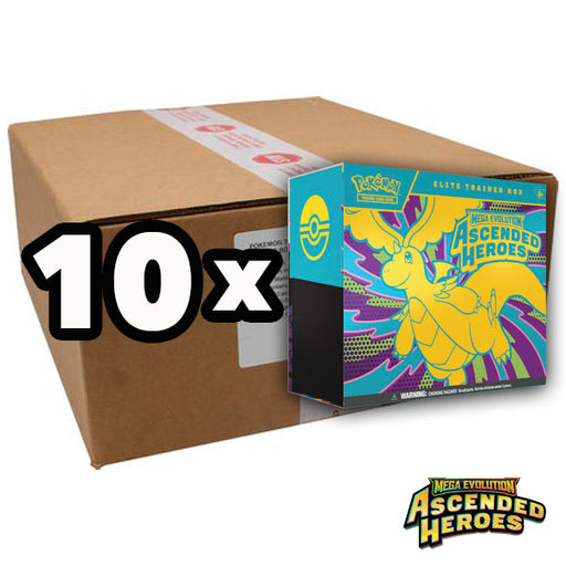 A case of Pokémon TCG: Ascended Heroes Elite Trainer Boxes from The Pokémon Company, marked with a "10x" overlay, sits next to a vibrant Ascended Heroes Elite Trainer Box featuring dynamic Mega Evolution artwork. The Ascended Heroes logo is displayed in the bottom right corner.