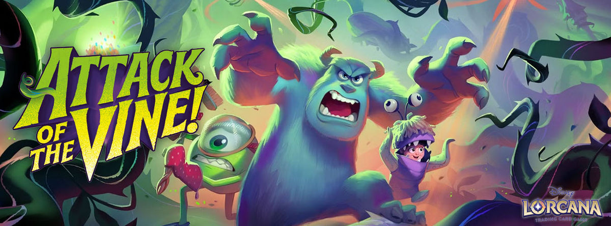 Animated characters, including a large blue monster, a small green one-eyed creature, and a girl in a costume, look startled as dark vines attack. Attack of the Vine! is written in bold text. Disney Lorcana logo is in the corner.