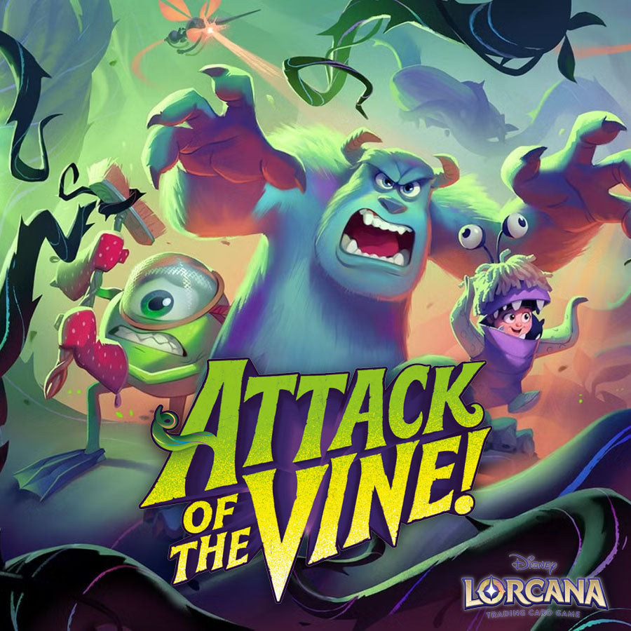 Sully, Mike Wazowski, and Boo from Monsters, Inc. are surrounded by animated vines. Sully looks angry, Mike is holding scissors, and Boo is wrapped in vines. The text reads Attack of the Vine! Disney Lorcana Trading Card Game.