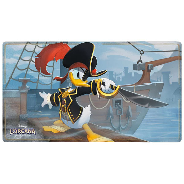 Donald Duck, dressed as a pirate with a black coat, hat with red feather, and eye patch, stands on a ship deck holding a sword on the Disney Lorcana: Azurite Sea Playmat by Ravensburger. Disney Lorcana logo is at the bottom left. Ideal for playmats or spillekort.